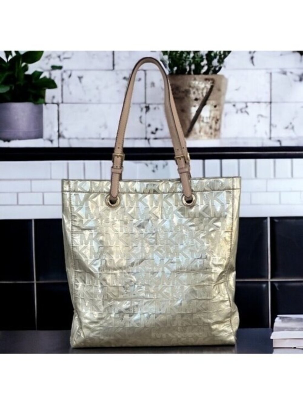 Michael Kors Metallic Gold Mirror Signature North South Jet Set Tote Bag